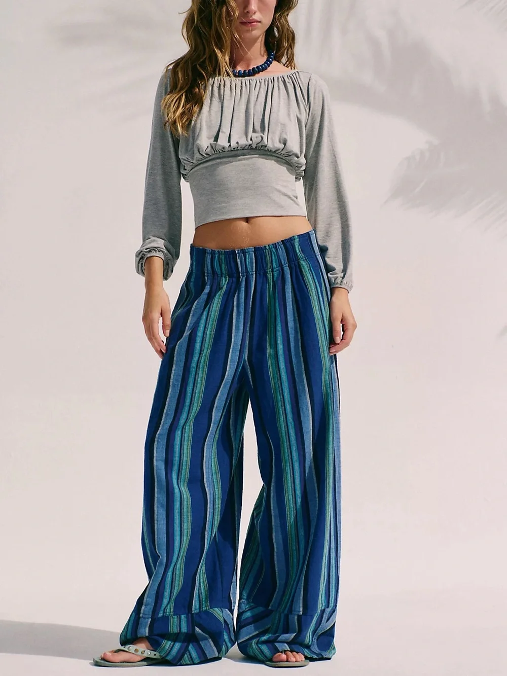 Free People Day’s End Linen Striped Pull on Pants in Navy Combo - M